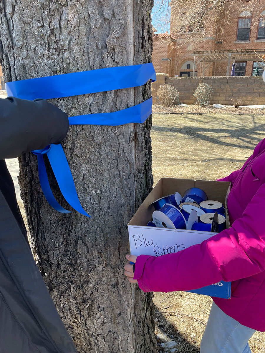 Tying blue ribbons around trees.